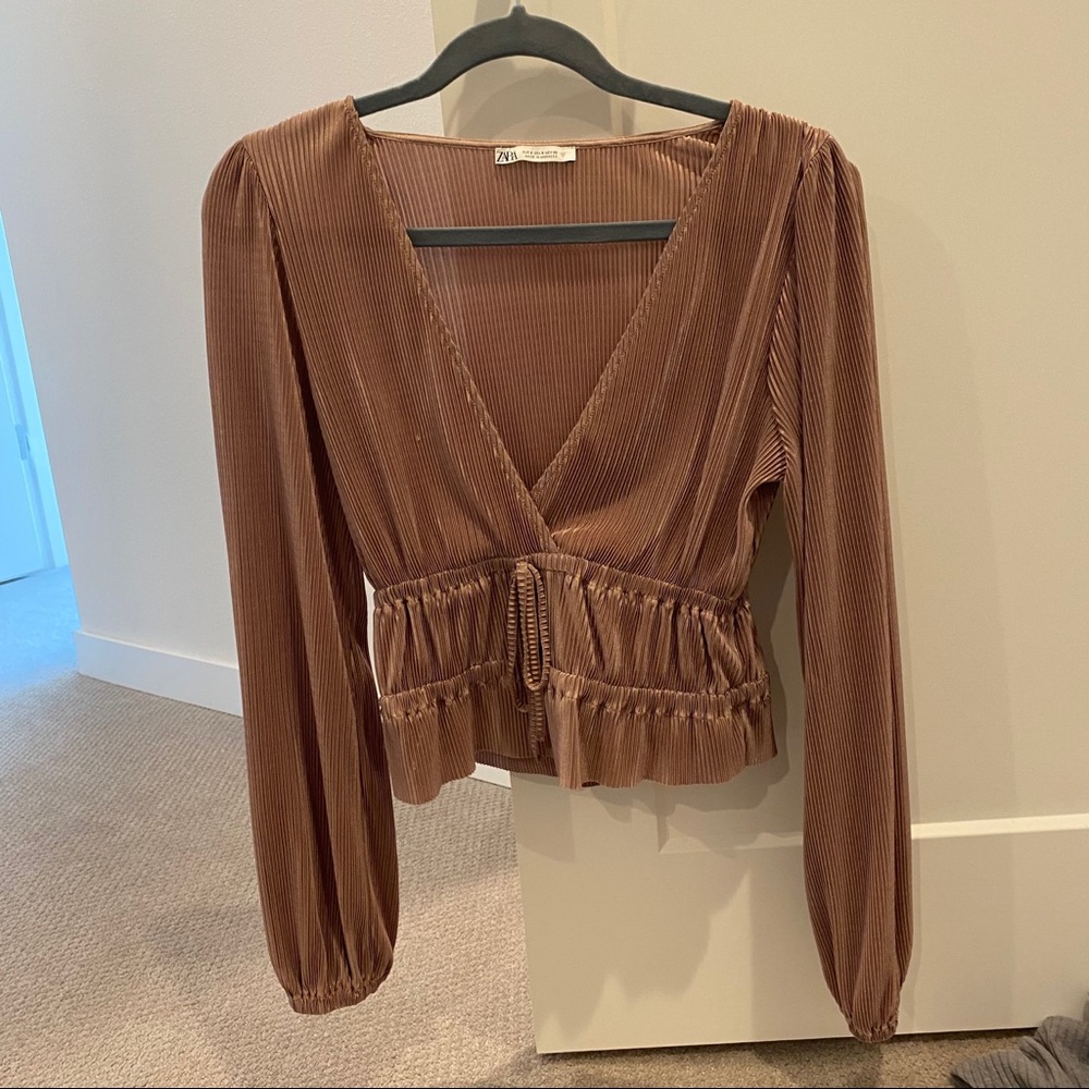 Zara Plunge Pleated Long Sleeve Top
